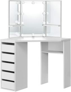 Juskys 'Nova' Eck-Schminktisch mit Spiegel, LED-Beleuchtung, Schubladen & Ablagefächern, Weiß, 100 x 53 x 140 cm